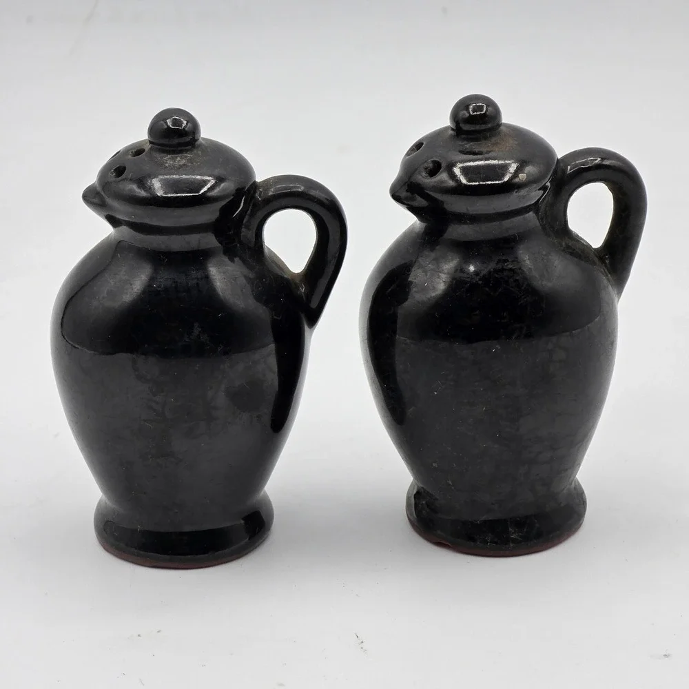 Vtg Black Glaze Ceramic Pottery Salt & Pepper Shakers Figural Jug Faces Set of 2